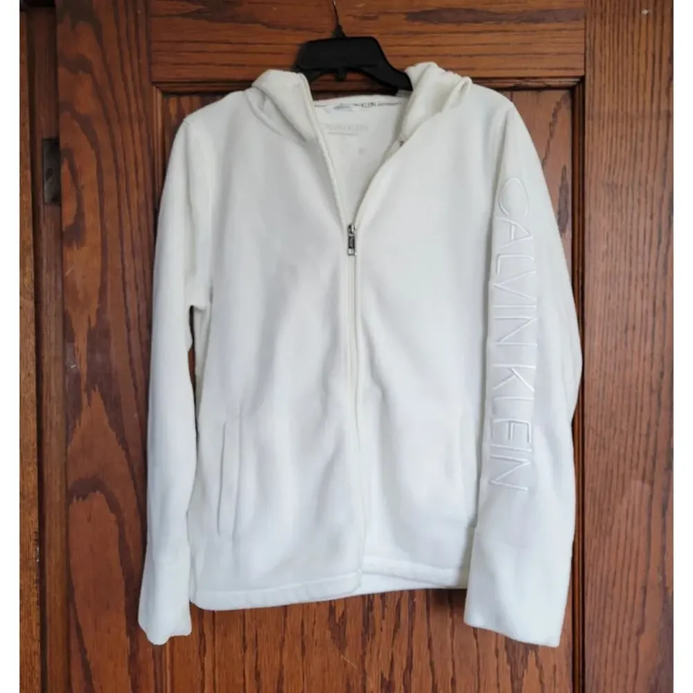 CALVIN KLEIN PERFORMANCE Fleece Jacket Womens Large White Embroidered Zip Hoodie - Picture 1 of 15
